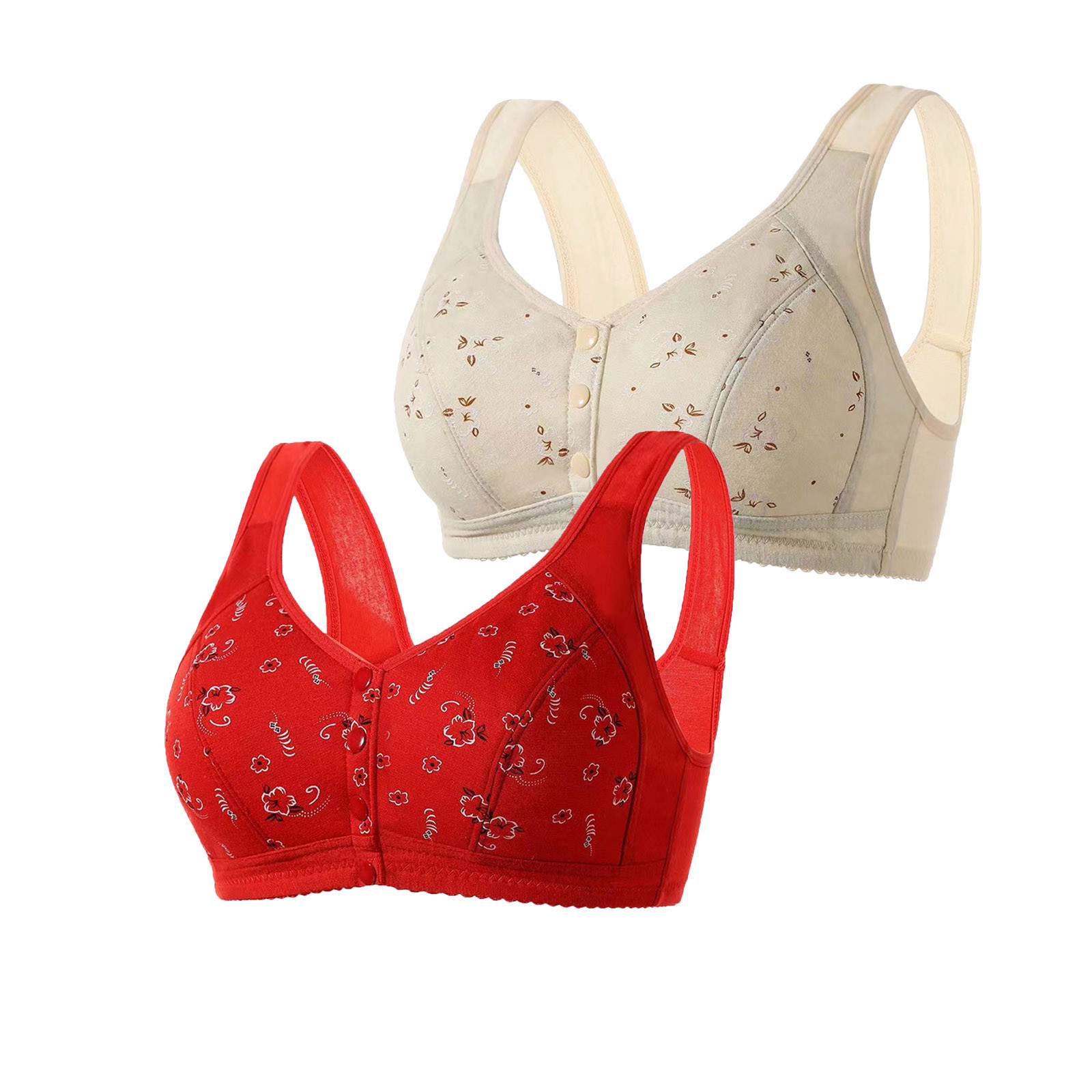SMihono 2 Pack Katy Charm Daisy Bras for Older Women Front Button Cotton Bras Floral Print Full Support Wide Back No Underwire Bras Red 14